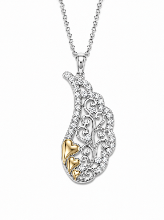M Angel Wings Pendant; Two Tone Plated SS w/Created Sapphires & Chain