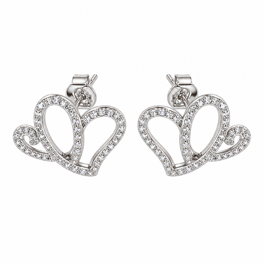 AH Full Moissanite Gemstone Two Hearts Earrings; Rhodium Plated SS.