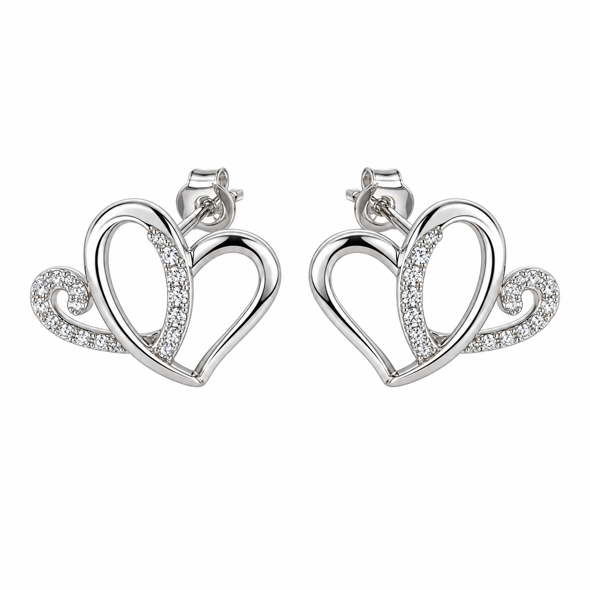 AH Moissanite Gemstone Accented Two Hearts Earrings; Plated SS.