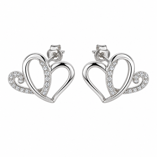 AH Moissanite Gemstone Accented Two Hearts Earrings; Plated SS.