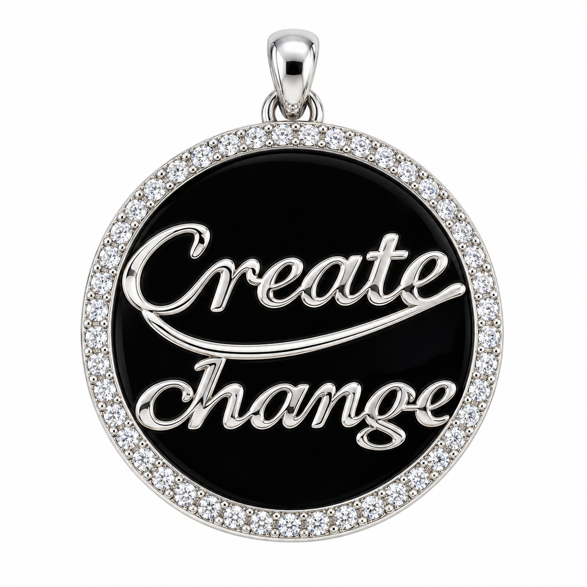 GS Create Change Circle Pendant; Black Onyx, Rhodium Plated SS w/Moissanite Gemstones & Chain.