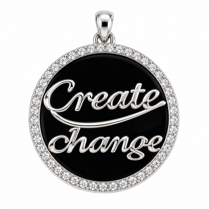 GS Create Change Circle Pendant; Black Onyx, Rhodium Plated SS w/Moissanite Gemstones & Chain.