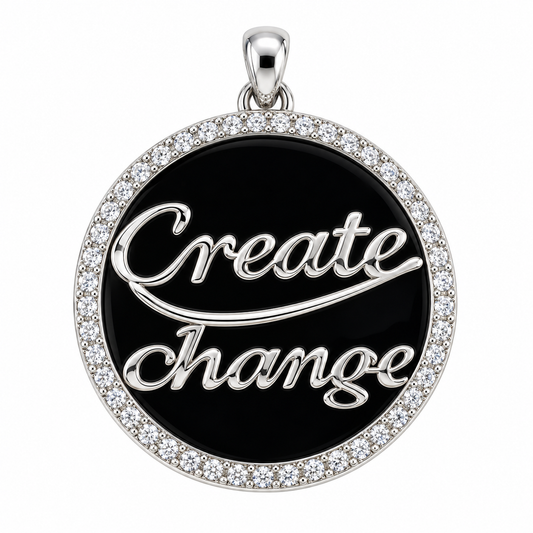 GS Create Change Circle Pendant; Black Onyx, Rhodium Plated SS w/Moissanite Gemstones & Chain.