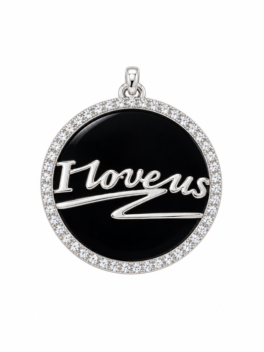 GS I Love Us, Black Onyx, Round, Plated SS Pendant w/Moissanite Gemstones