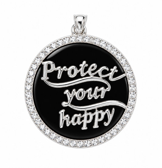 GS Protect Your Happy SS Pendant; Round, Black Onyx, Rhodium Plated w/Moissanite Gemstone Accents.
