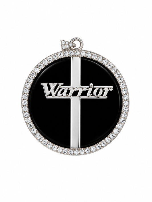 GS Warrior; Plated Sterling Silver, Black Onyx, Circle Pendant w/Moissanite Gemstone Highlights & Chain.