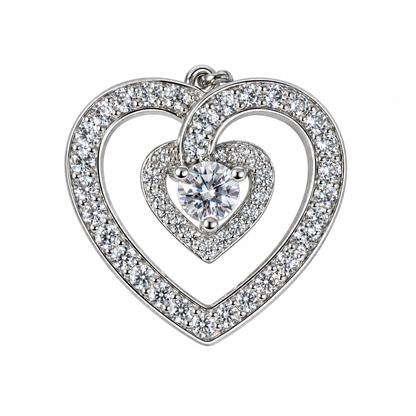 LE Large Stone Moissanite Gemstone Heart Pendant w/Full Accents; Platinum Plated SS.