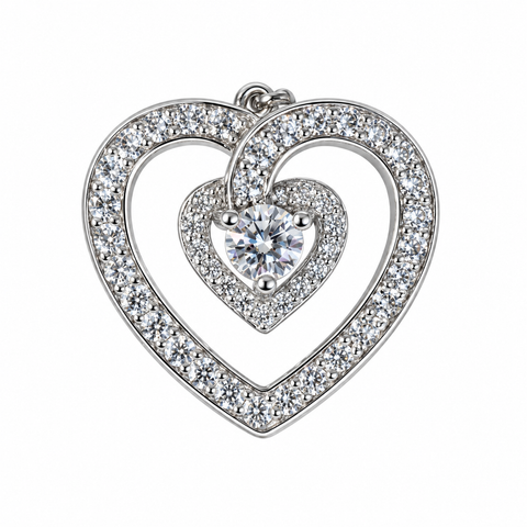 LE Large Stone Moissanite Gemstone Heart Pendant w/Full Accents; Platinum Plated SS.