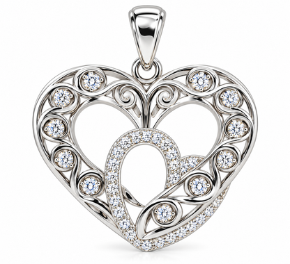 M Always, Hearts In A Heart Pendant; Slightly Antiqued, Plated SS W/Created Sapphire Gemstones.