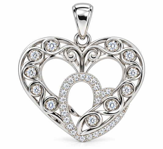 M Always, Hearts In A Heart Pendant; Slightly Antiqued, Plated SS W/Created Sapphire Gemstones.