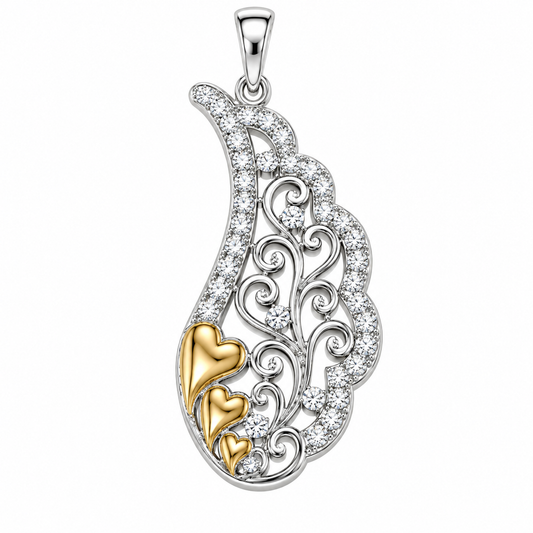 M Angel Wings Pendant; Two Tone Plated SS w/Created Sapphires & Chain