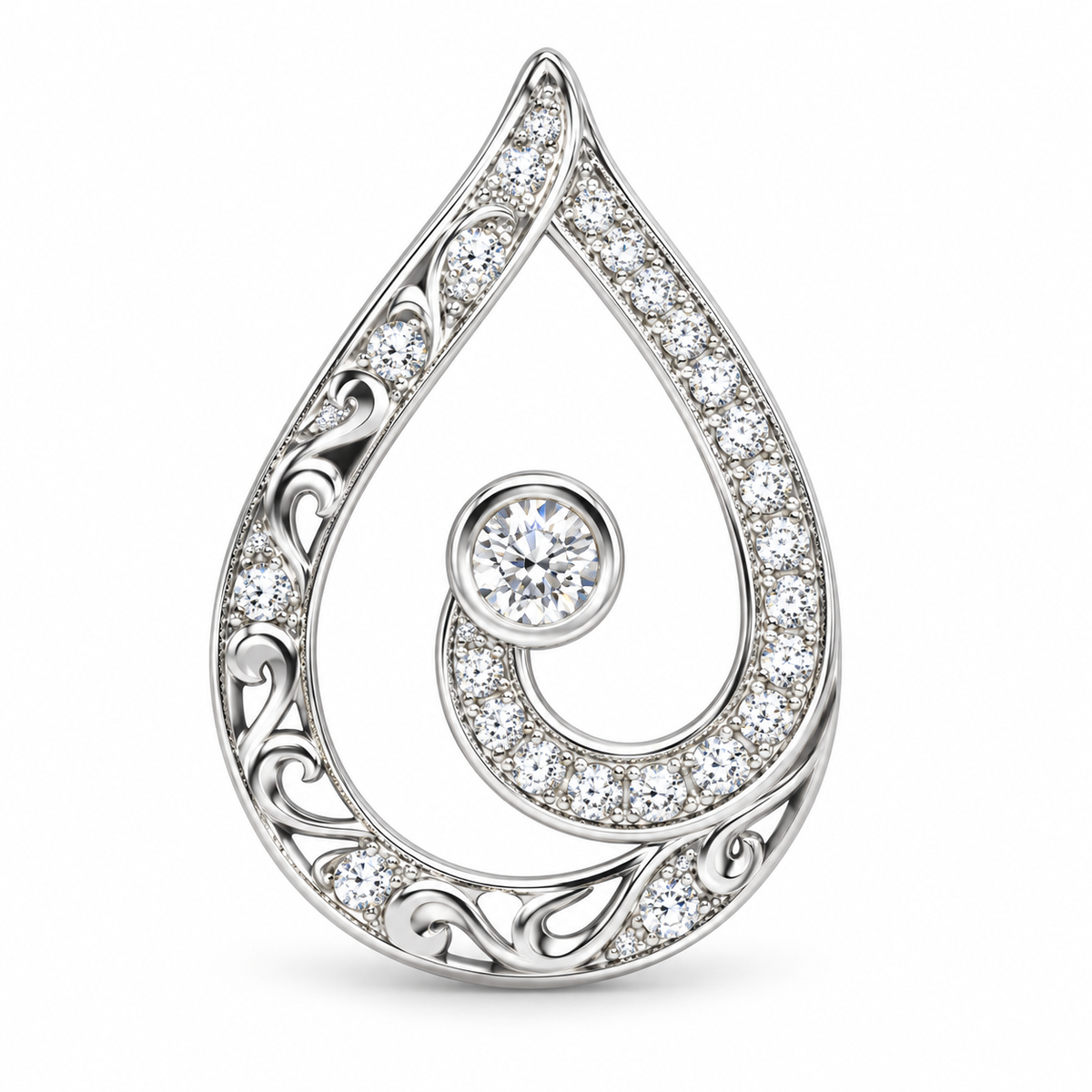 M Embracing You Always Teardrop Pendant; Rhodium Plated SS  w/Created Sapphire Gemstones & Chain.
