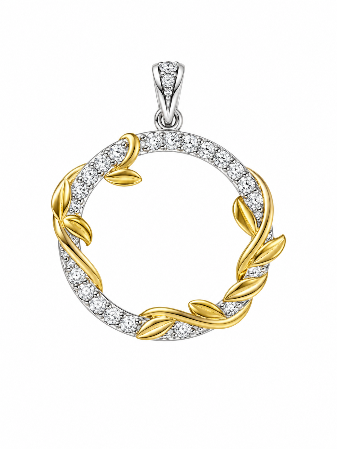 PML Circle Pendant w/Moissanite Gemstones; Two Tone SS w/18" Chain.
