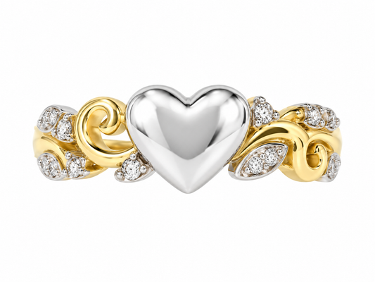 PML 14KT Gold Plated Heart Ring w/Moissanite Gemstone Accents; Rhodium Pltd. SS.