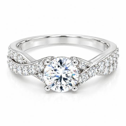TTT 1 Ct Round & Moissanite Gemstone Accented Twisted Ring; Plated SS.