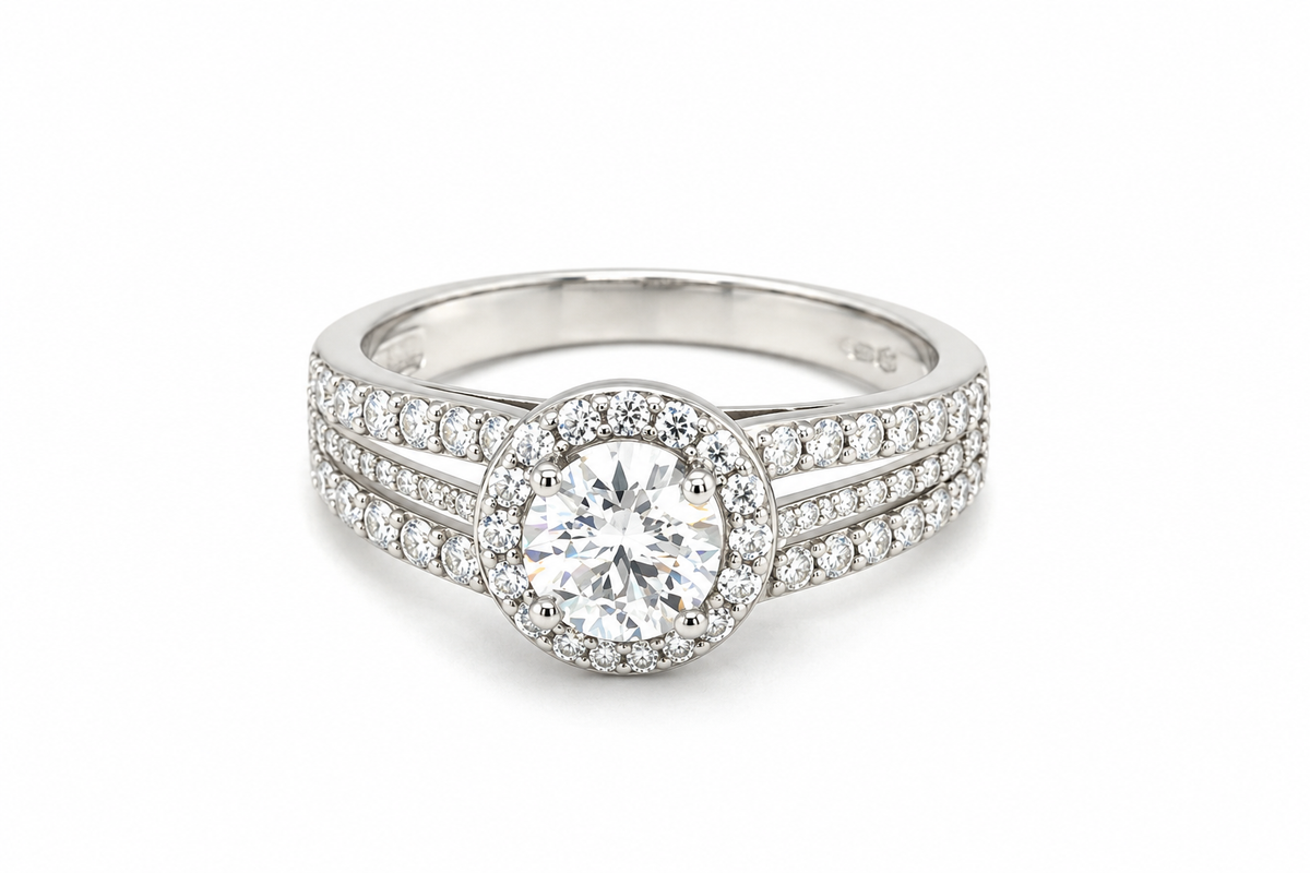 TTT Platinum Plated, Sterling Silver Ring w/1 Ct Round, Halo & Moissanite Gemstone Accents