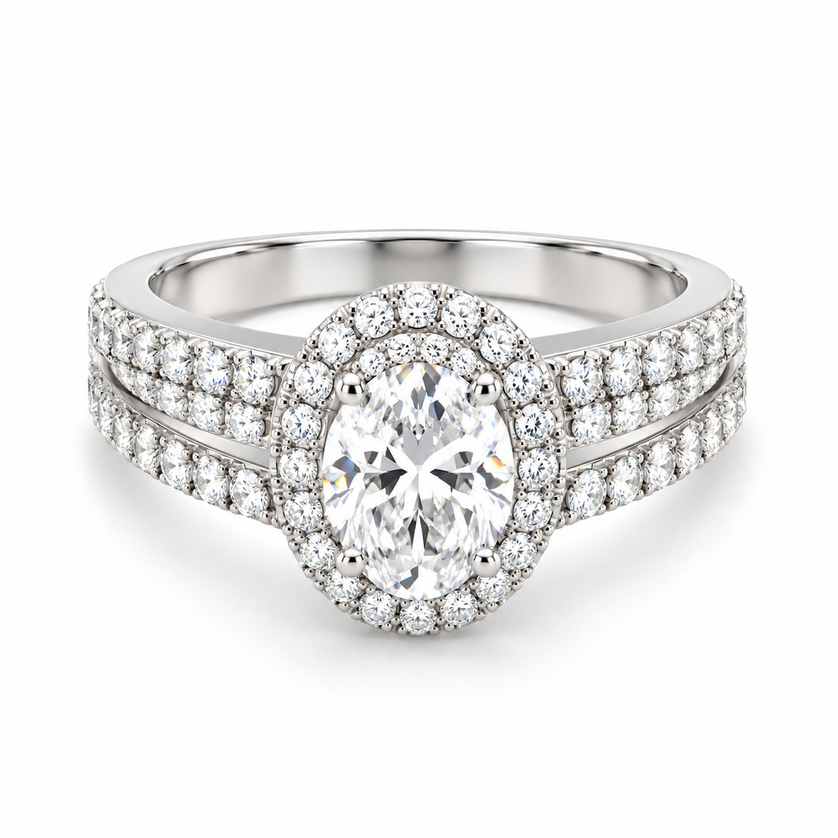 TTT 2 Ct Oval w/ Moissanite Gemstone Highlighted Ring; Rhodium Plated SS.