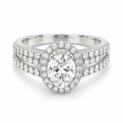TTT 2 Ct Oval w/ Moissanite Gemstone Highlighted Ring; Rhodium Plated SS.