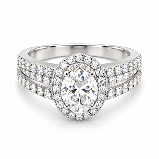 TTT 2 Ct Oval w/ Moissanite Gemstone Highlighted Ring; Rhodium Plated SS.