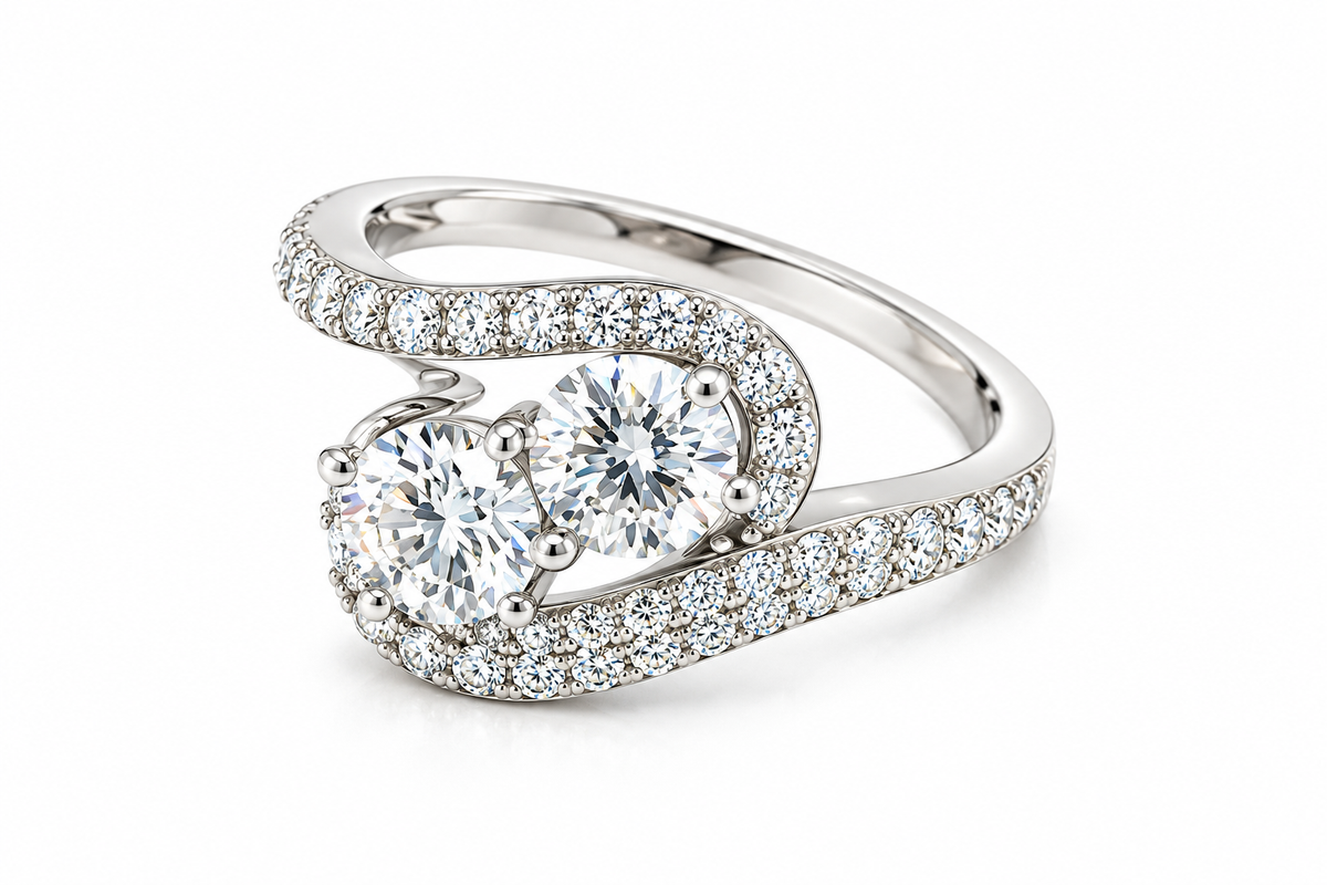 TTT Slanted, Swirl Band Ring w/2 Round and Moissanite Gemstone Accents; Platinum Plated SS.