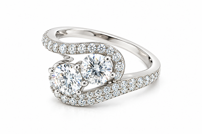 TTT Slanted, Swirl Band Ring w/2 Round and Moissanite Gemstone Accents; Platinum Plated SS.
