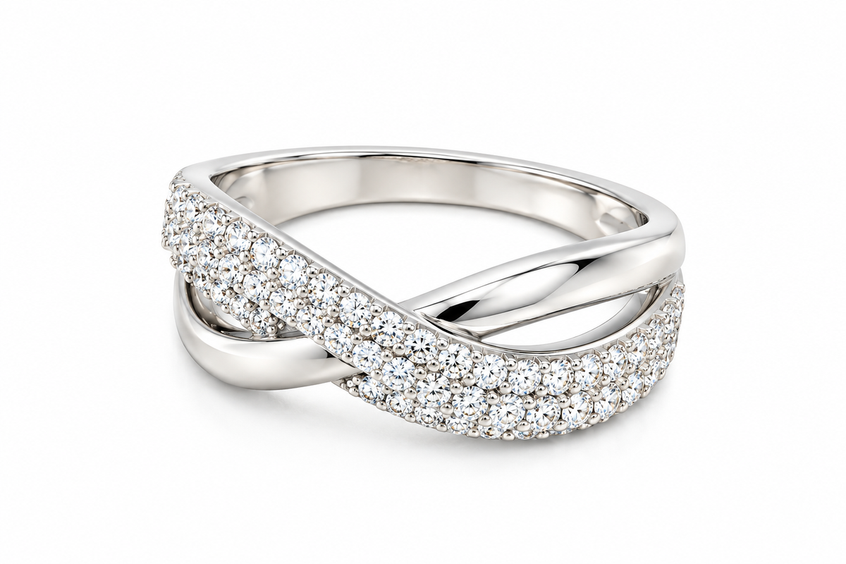 TTT High Polish, Criss-Cross Ring w/Moissanite Gemstones; Platinum Plated.