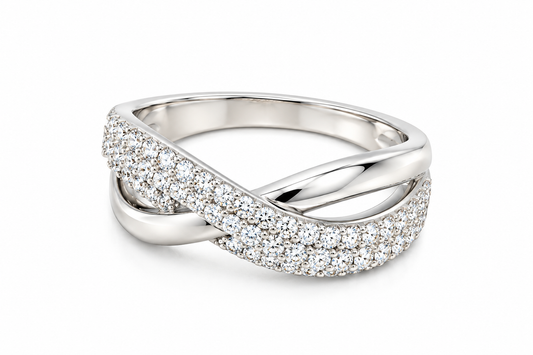 TTT High Polish, Criss-Cross Ring w/Moissanite Gemstones; Platinum Plated.