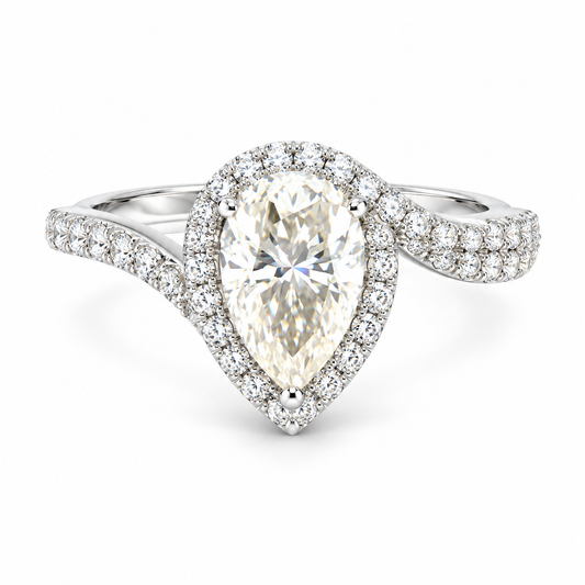 TTT 2 Ct, SS Pear Shaped Center Stone Ring w/ Full Moissanite Gemstone Highlights; Plated