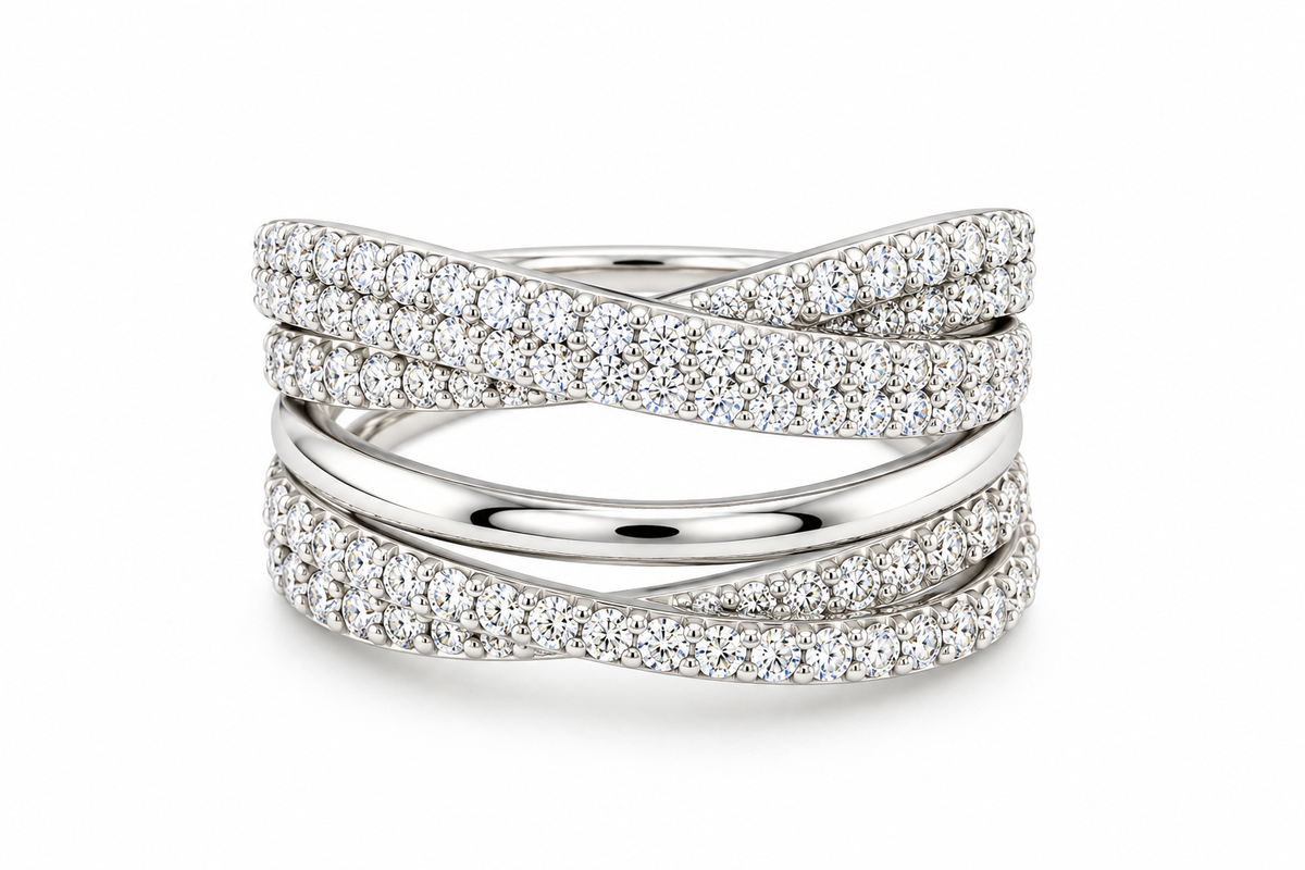 TTT 5 Band Criss-Cross Ring w/Moissanite Gemstone Highlights; Plated SS.