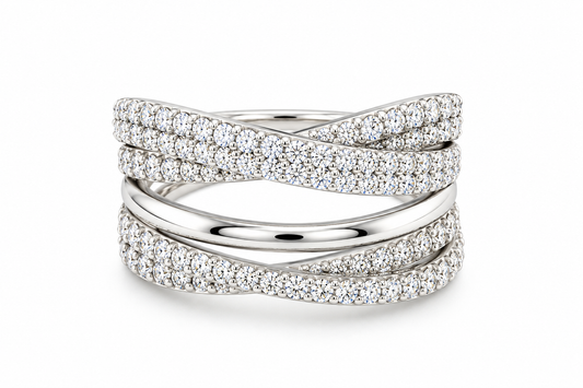 TTT 5 Band Criss-Cross Ring w/Moissanite Gemstone Highlights; Plated SS.