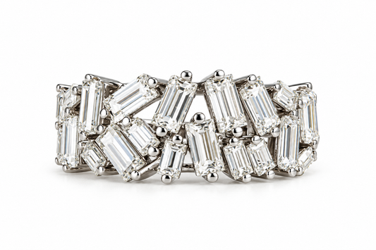 TTT Rectangular Moissanite Gemstone Baquettes Ring; Rhodium Plated Sterling Silver.