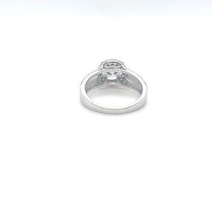 TTT SS Rhod. Plated Ring w/1 Ct Round, Halo & Moissanite Gemstone Accents.-WH