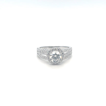 TTT SS Rhod. Plated Ring w/1 Ct Round, Halo & Moissanite Gemstone Accents.-WH