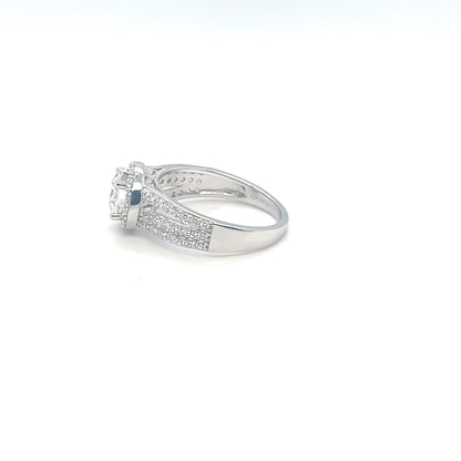 TTT SS Rhod. Plated Ring w/1 Ct Round, Halo & Moissanite Gemstone Accents.-WH