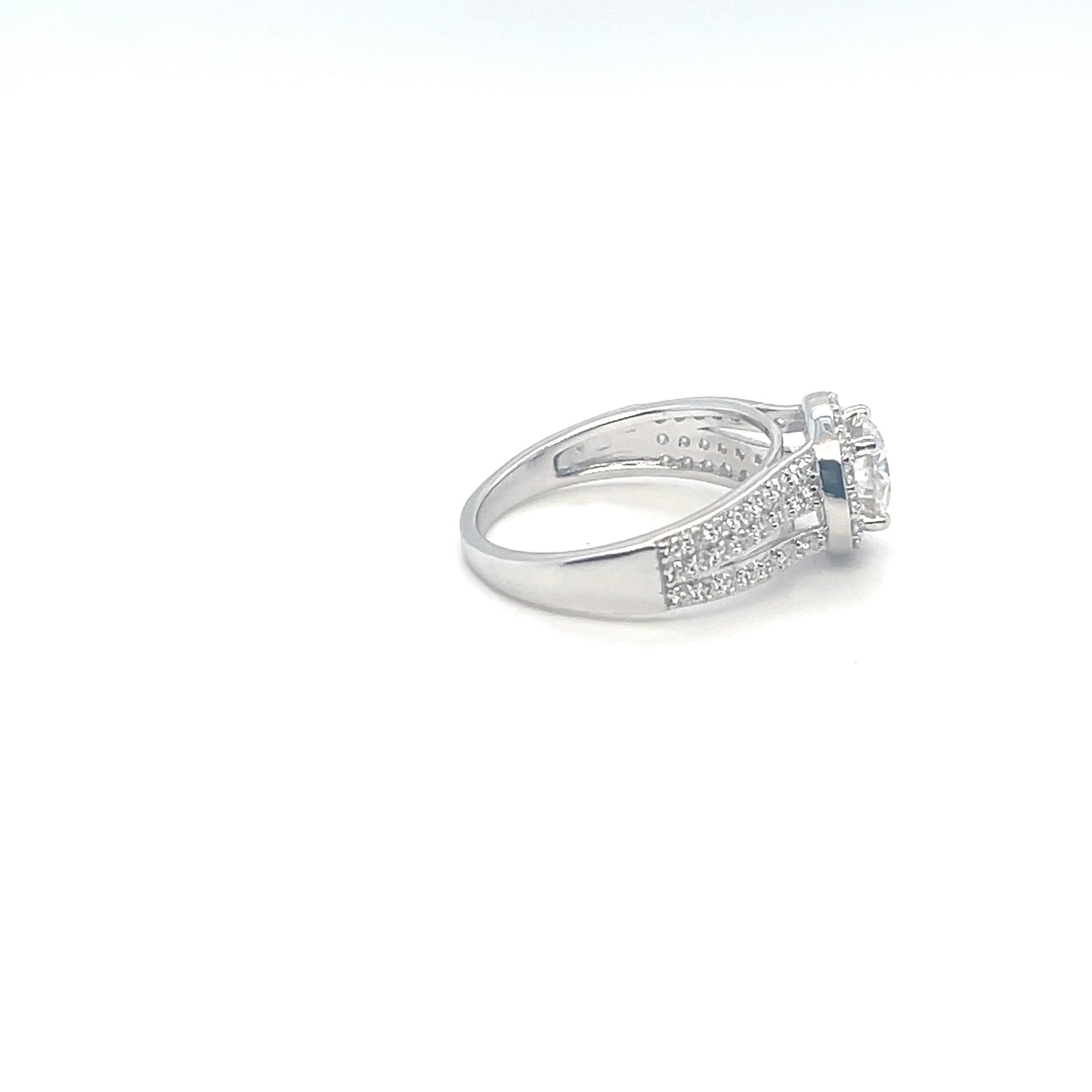 TTT Platinum Plated, Sterling Silver Ring w/1 Ct Round, Halo & Moissanite Gemstone Accents