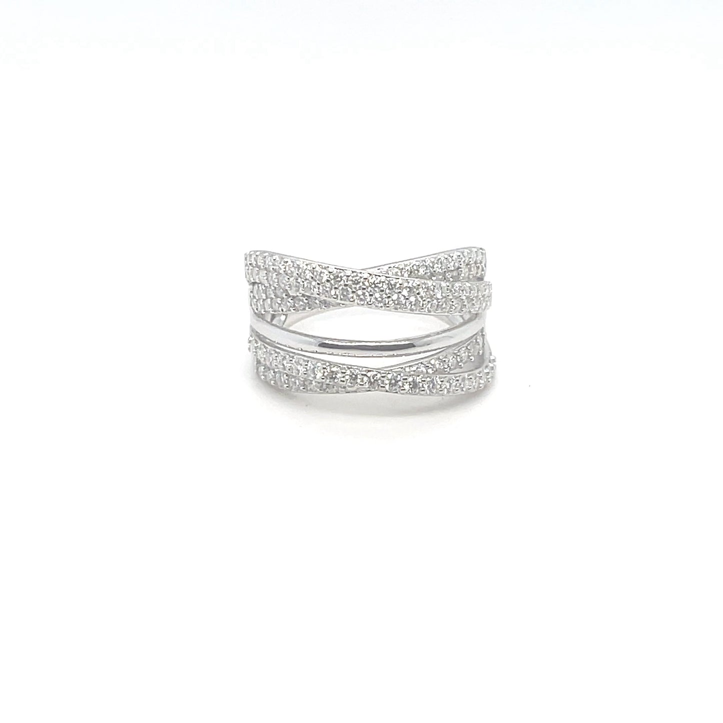 Through Thick & Thin Platinum Plated, Sterling Silver, 5 Band Criss-Cross Ring w/Moissanite Gemstone Highlights.