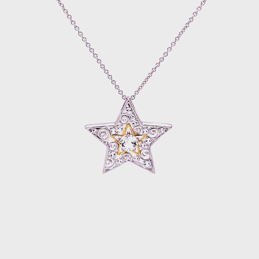 LM Star Gazing Platinum Plated, Sterling Silver Pendant w/14KT Gold Plating & Created Sapphire Accents & Pltd., SS Chain.