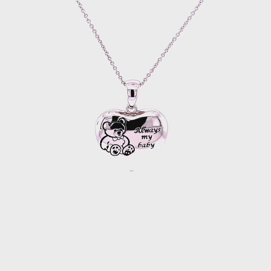 CC Always My Baby Rhodium Plated, Sterling Silver Memorial Ash Holder Pendant w/18" SS Chain & Accessories.