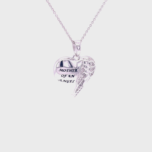 CC Mother Of An Angel Rhodium Plated Sterling Silver Remembrance Heart Pendant w/18" SS Chain.