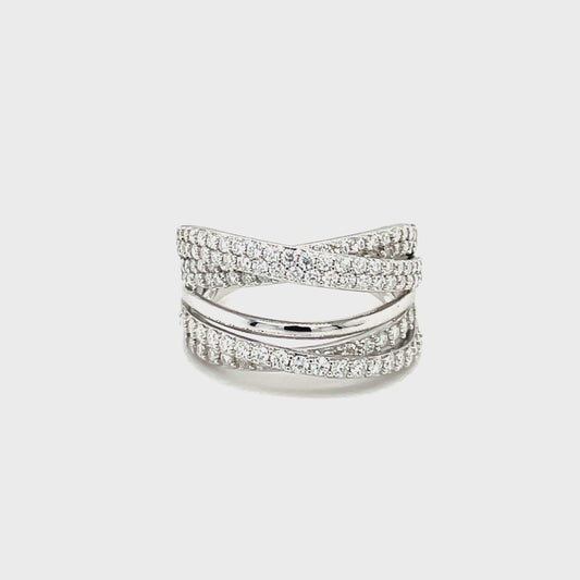Through Thick & Thin Platinum Plated, Sterling Silver, 5 Band Criss-Cross Ring w/Moissanite Gemstone Highlights.