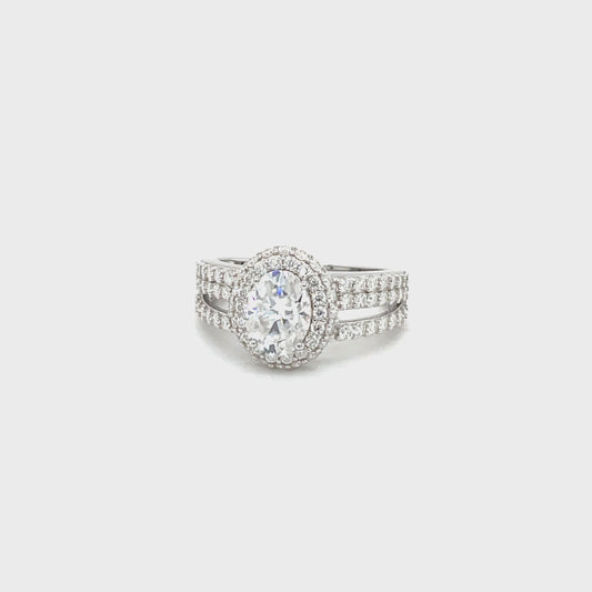 Through Thick & Thin Platinum Plated, Sterling Silver Ring w/2 Ct Oval & Moissanite Gemstone Highlights.