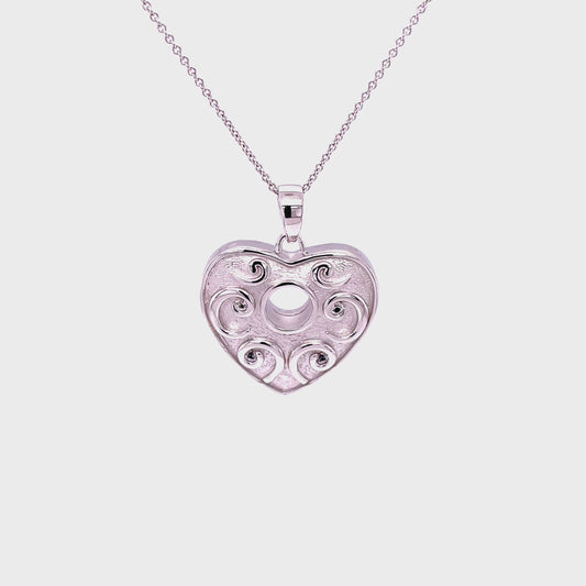 CC Hole In My Heart Rhodium Plated Sterling Silver,  Keepsake Ash Holder Heart Pendant w/18" SS Chain & Accessories.