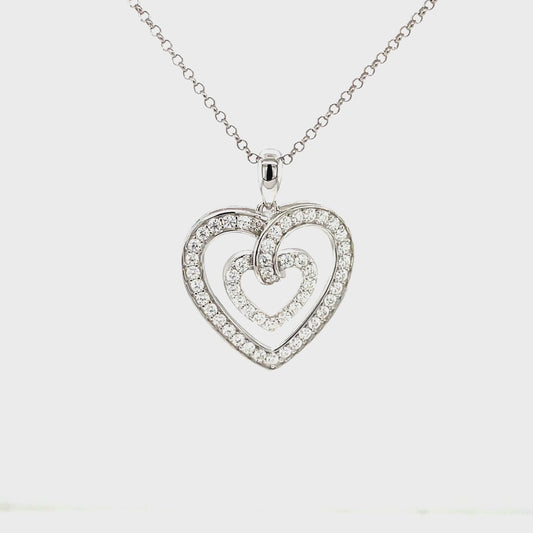 The Power of Love tm; Platinum Plated Sterling Silver, Heart Pendant w/Moissanite Gemstones & SS Chain.