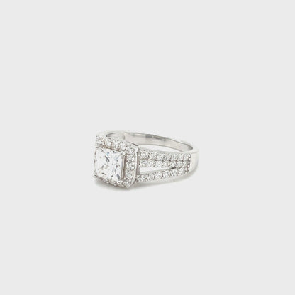 TTT 1 Ct Square, Halo & Moissanite Gemstone Accented Ring; Rhodium Plated SS.