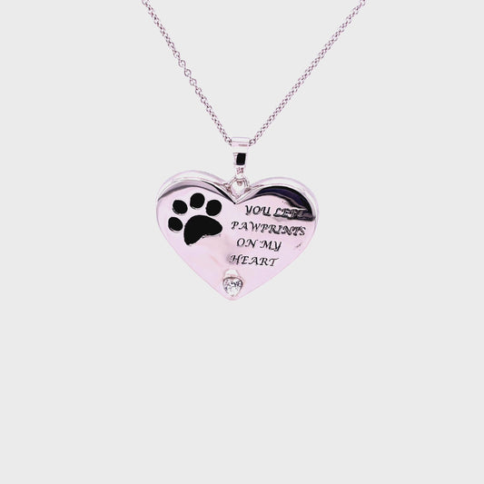 CC You Left Pawprints On My Heart Rhodium Plated., Sterling Silver, Memorial Heart Ash Holder Pendant w/18"  SS Chain & Accessories.
