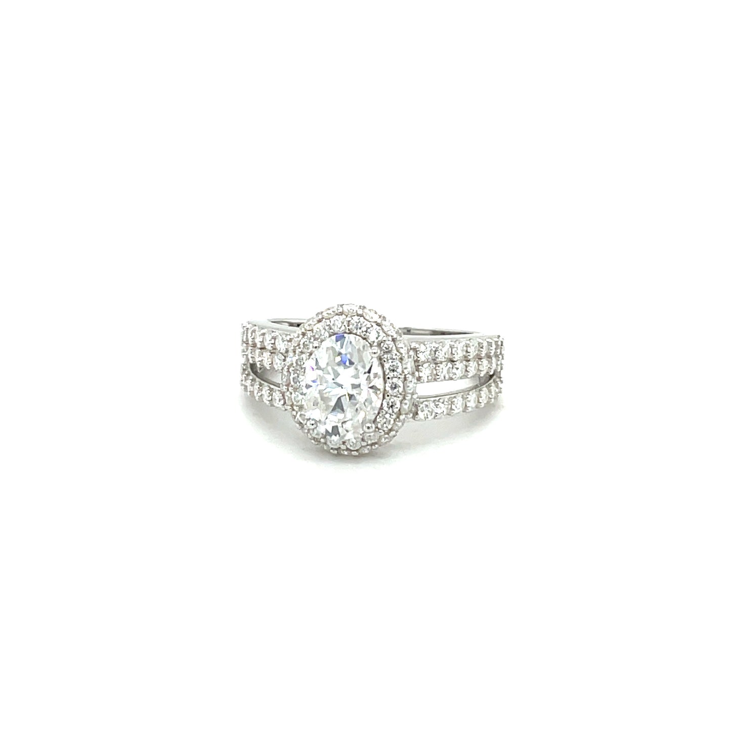 TTT 2 Ct Oval w/ Moissanite Gemstone Highlighted Ring; Rhodium Plated SS.