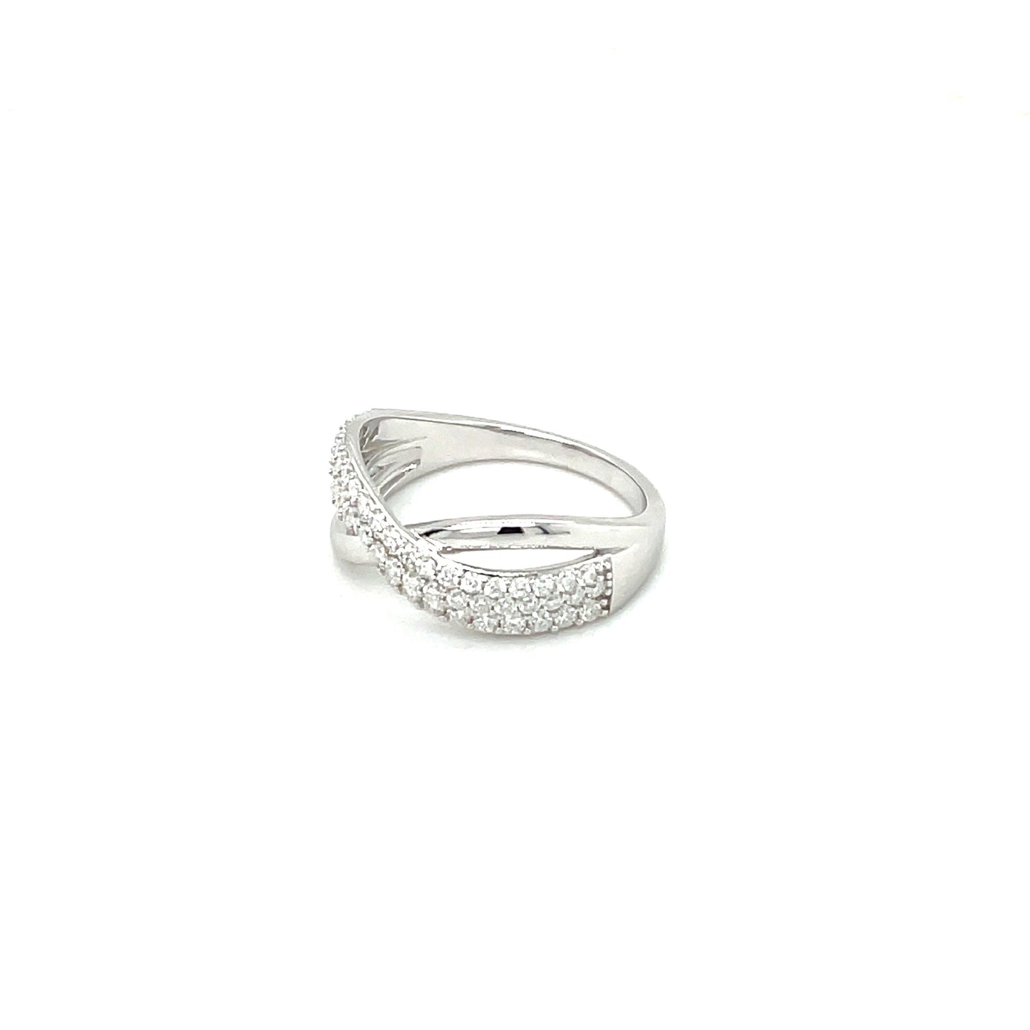 Through Thick & Thin Platinum Plated, Sterling Silver, Criss-Cross Ring w/Moissanite Gemstones & High Polish.