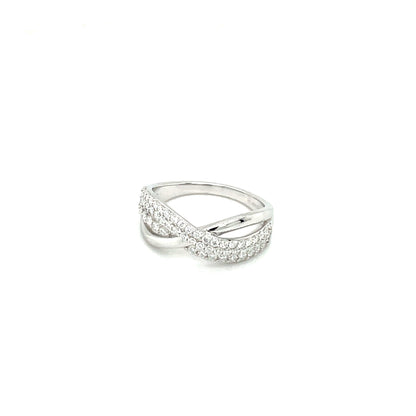 Through Thick & Thin Platinum Plated, Sterling Silver, Criss-Cross Ring w/Moissanite Gemstones & High Polish.