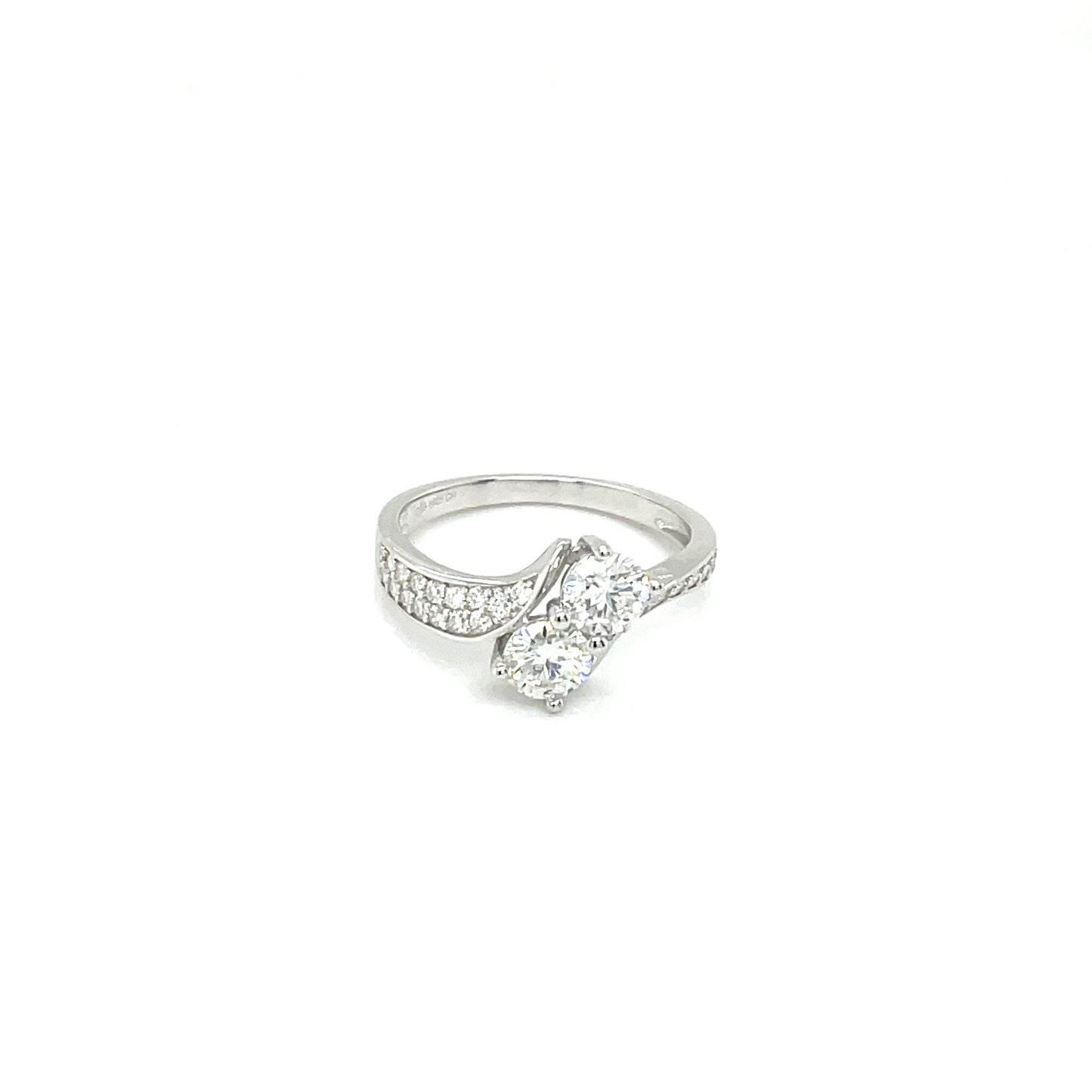 TTT Platinum Plated, Sterling Silver Ring w/2 Round and Moissanite Gemstone Accents on a Swish Sides Band.-WH