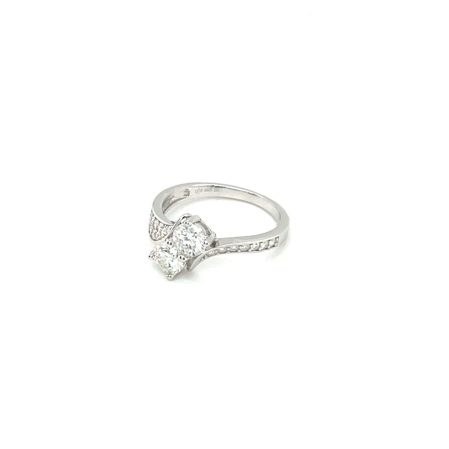 TTT Platinum Plated, Sterling Silver Ring w/2 Round and Moissanite Gemstone Accents on a Swish Sides Band.-WH